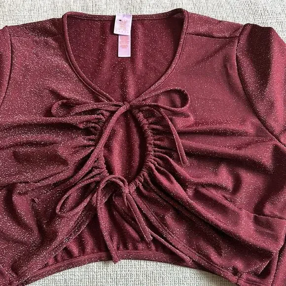 NEW Savage X Fenty purple burgundy sparkle keyhole tie front crop top, 1X - Picture 6 of 10
